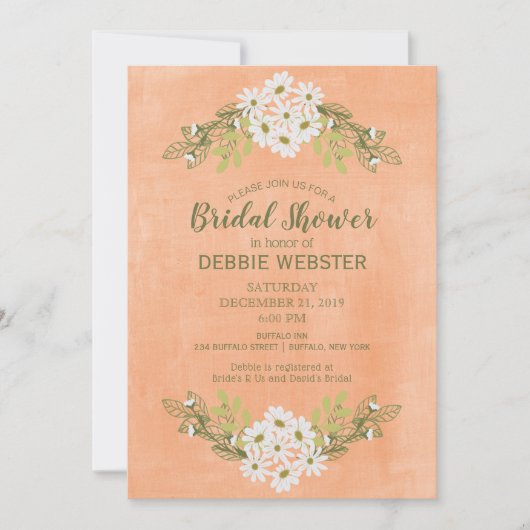 Daisy & Peach Floral Wedding Brautparty Einladung (Vorderseite)