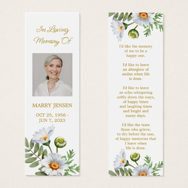 Daisy Photo Funeral Memorial Bookmark (Vorne & Hinten)