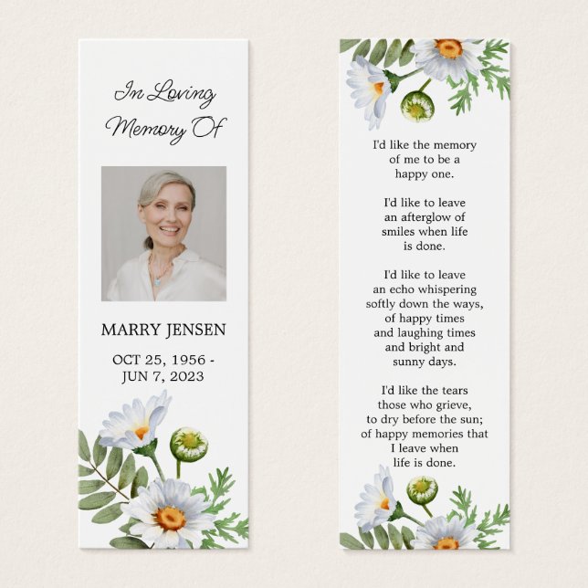 Daisy Photo Funeral Memorial Bookmark (Vorne & Hinten)
