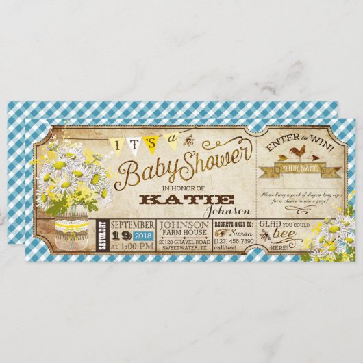 Daisy Picnic Blue Gingham Karo Baby Shower Einladung (Vorne/Hinten)