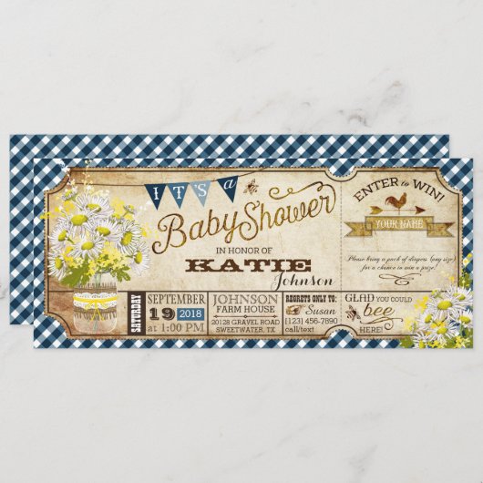 Daisy Picnic Navy Gingham Karo Babydusche Einladung (Vorne/Hinten)