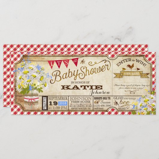 Daisy Picnic Red Gingham Karo Babydusche Einladung (Vorne/Hinten)