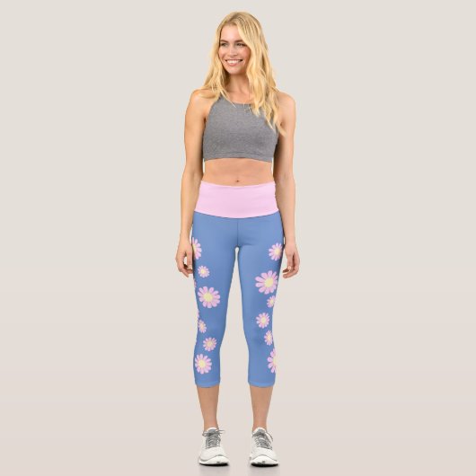 Daisy Pink Blue Capri Leggings (Vorderseite)