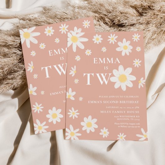 Daisy Pink Blush Zweiter Geburtstag Zwei Einladung