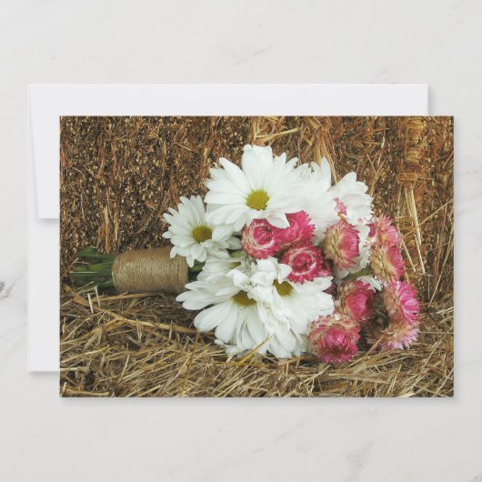 Daisy & Pink Bouquet & Hay Country Wedite Einladung (Vorderseite)