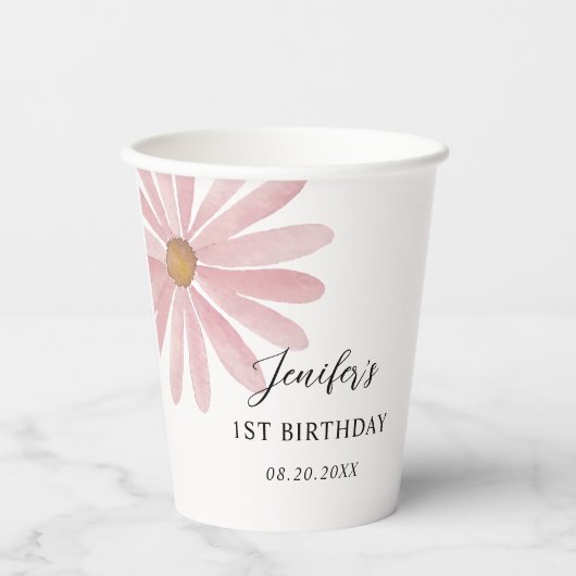 Daisy Pink Girl First Birthday Party Pappbecher (Vorderseite)