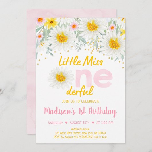 Daisy Pink Gold Wild Einladung zum ersten Geburtst (Vorne/Hinten)