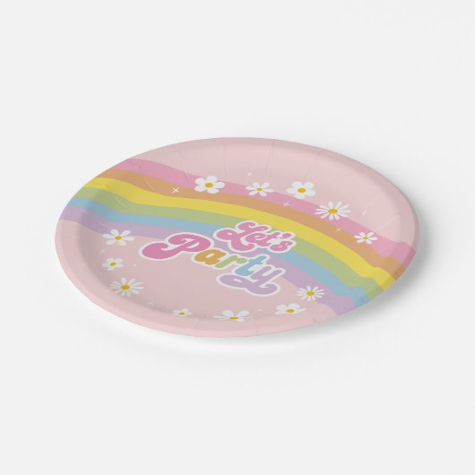 Daisy Rainbow Let's Party Retro Birthday Pappteller (Schrägansicht)