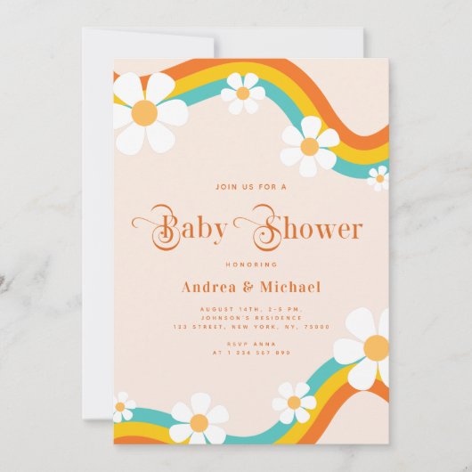 Daisy Rainbow Retro Typografie Hippie Baby Shower Einladung (Vorderseite)