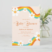 Daisy Rainbow Retro Typografie Hippie Baby Shower Einladung (Stehend Vorderseite)