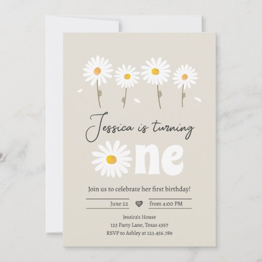 Daisy Retro Boho Party Creme Sand Erster Geburtsta Einladung (Vorderseite)