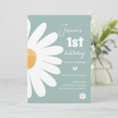 Daisy Retro Boho Party Dusty Blue Erster Geburtsta Einladung (Stehend Vorderseite)