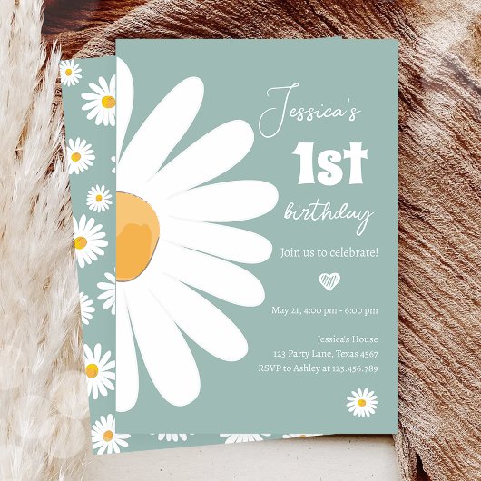 Daisy Retro Boho Party Dusty Blue Erster Geburtsta Einladung