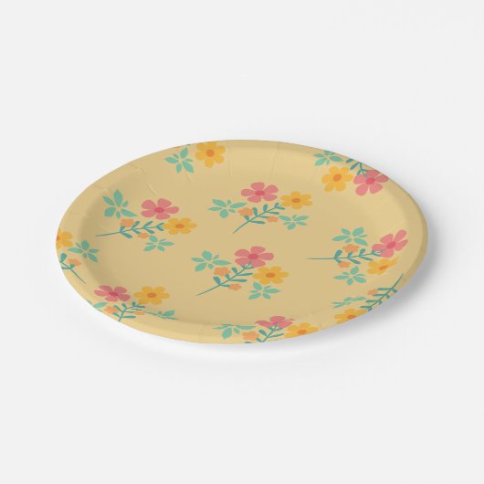 Daisy Retro Bouquet Muster in Gelb Pappteller (Schrägansicht)