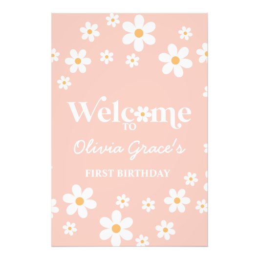 Daisy Retro Pink zum ersten Geburtstag Willkommen Fotodruck (Vorne)