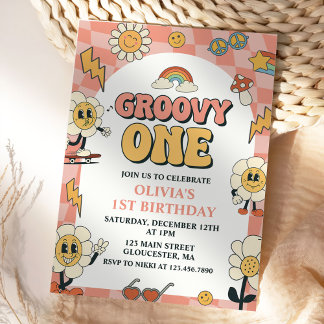 Daisy & Retro Van Pink Groovy 1. Geburtstag Einladung