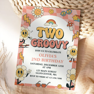 Daisy & Retro Van Pink Two Groovy 2. Geburtstag Einladung