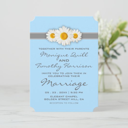 Daisy Ribbon Blue Wedding Einladungskarte Einladung (Stehend Vorderseite)