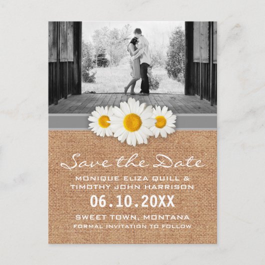 Daisy Ribbon - Burlap Grau & White Save the Date Ankündigungspostkarte (Vorderseite)