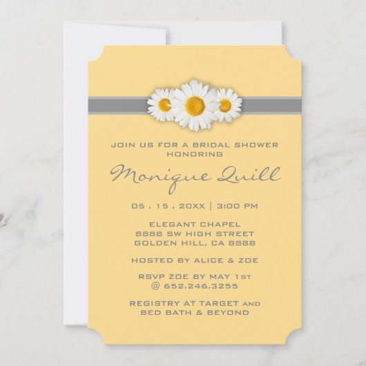 Daisy Ribbon - Gelbgraues und weißes Brautparty Einladung (Vorderseite)