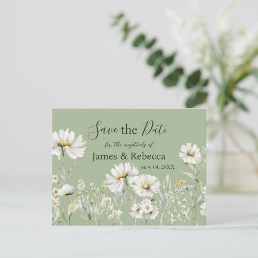 Daisy Sage & Botanical Wedding Save the Date Postkarte (Stehend Vorderseite)