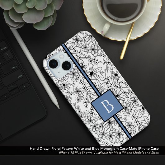 Daisy Schwarz-weiß Floral Muster Blue Monogram Case-Mate iPhone Hülle