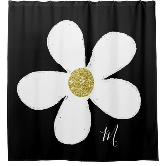 Daisy Schwarz-weiß Simple Floral Gold Personal Duschvorhang (Vorderseite)