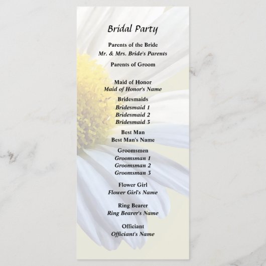 Daisy Shadow und Light Wedding Supplies Programm (Rückseite)