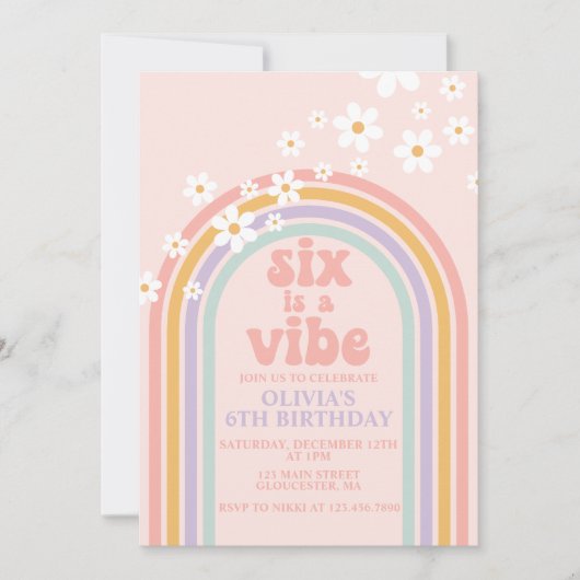Daisy Six ist ein Vibe Pastel Regenbogen 6. Geburt Einladung (Vorderseite)