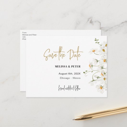 Daisy Spring blüht Save the Date Postkarte (Vorderseite/Rückseite Beispiel)