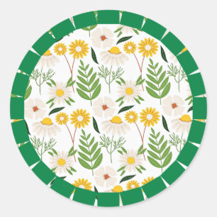Daisy Springtime Pattern, grüner Rahmen, Runder Aufkleber