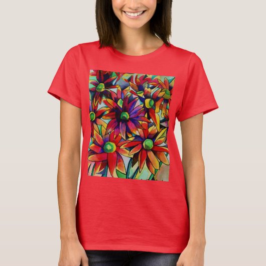 Daisy Straw mehrfarbige Wildblumen Kunst T-Shirt (Vorderseite)