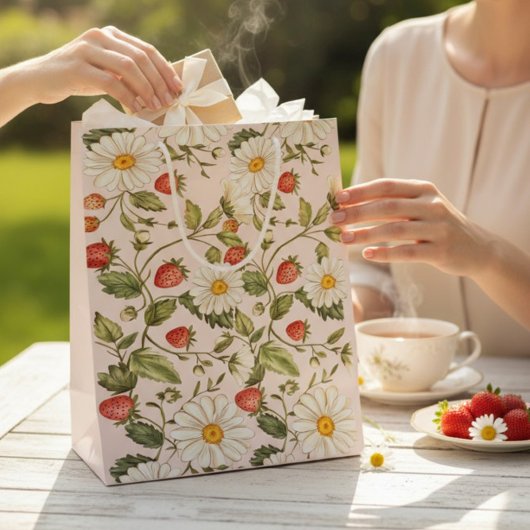 Daisy Strawberry Floral Pattern Light Pink Botanic Mittlere Geschenktüte