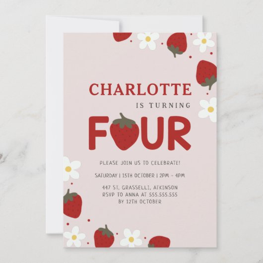 Daisy Strawberry Light Gray 4. Sommer Geburtstag Einladung (Vorderseite)