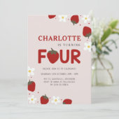 Daisy Strawberry Light Gray 4. Sommer Geburtstag Einladung (Stehend Vorderseite)