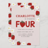 Daisy Strawberry Light Gray 4. Sommer Geburtstag Einladung (Vorne/Hinten)