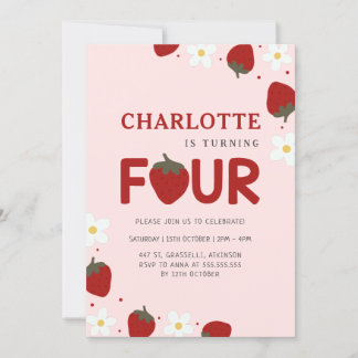 Daisy Strawberry Pink 4. Sommer Geburtstag Einladung