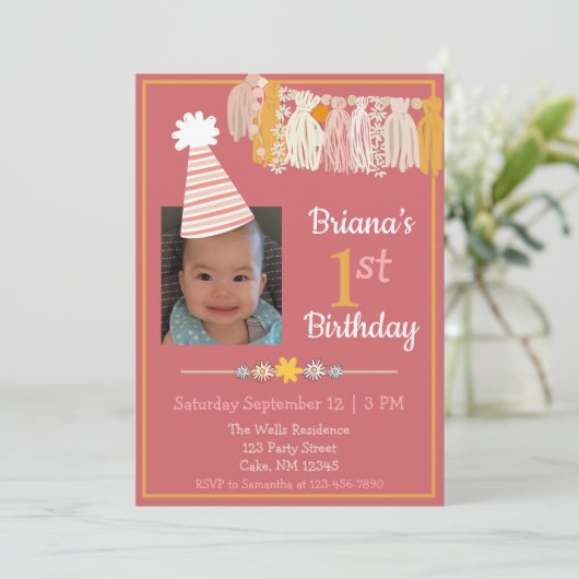 Daisy Tassel Party Hat Pink Girls Erster Geburtsta Einladung (Stehend Vorderseite)