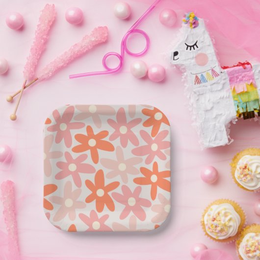 Daisy Time Niedlich Retro Blumenmuster Orange Pink Pappteller (Party)