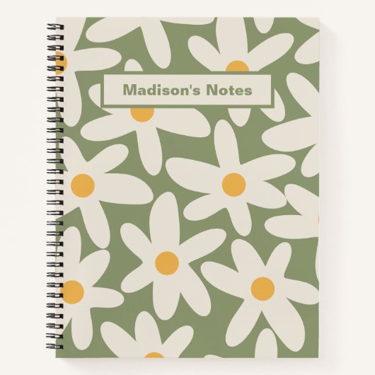 Daisy Time Retro-Blumenmuster Salbei Grün Notizblock (Vorderseite)