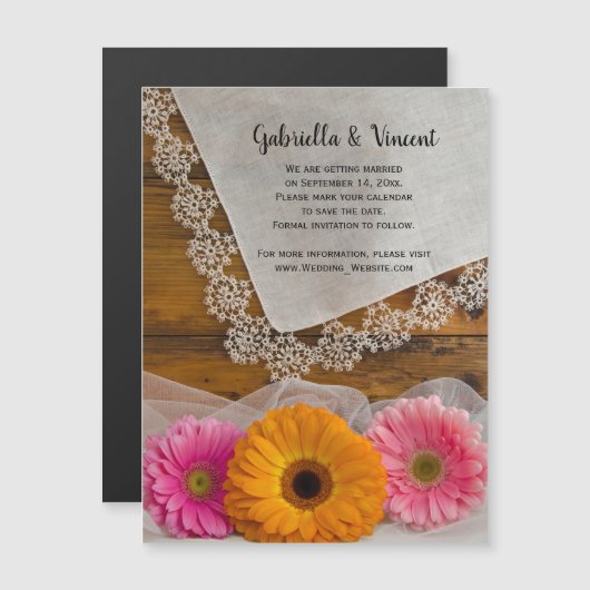 Daisy Trio and Lace Country Wedding Save the Date Magneteinladung (Vorne/Hinten)
