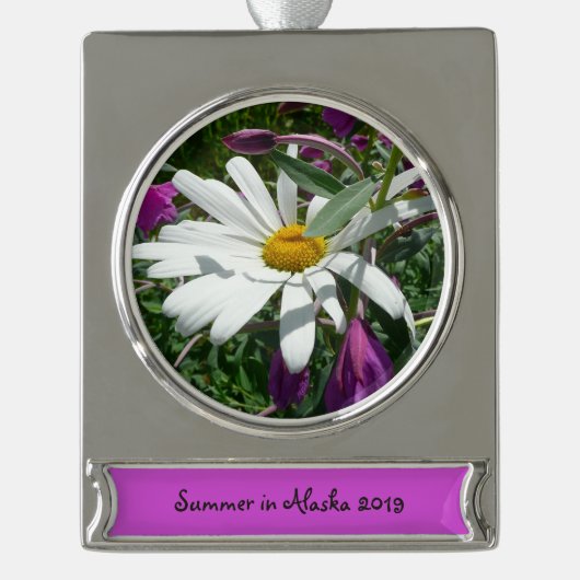 Daisy und Fireweed-Wildblume Banner-Ornament Silber (Vorderseite)