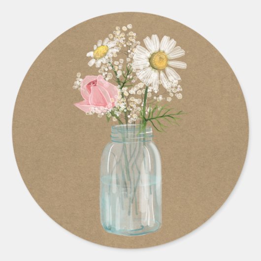 Daisy und Rose in Mason Jar Rustic Kraft Paper Runder Aufkleber (Vorderseite)
