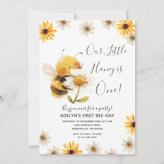 Daisy Unsere kleine Honigbiene 1. Geburtstag Sonne Einladung (Vorderseite)