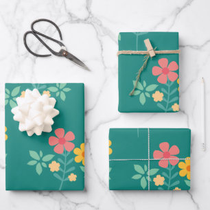 Daisy Vintag Bouquet Pattern in Grün Geschenkpapier Set