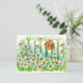 Daisy Watercolor Blume Bird House Postkarte (Stehend Vorderseite)