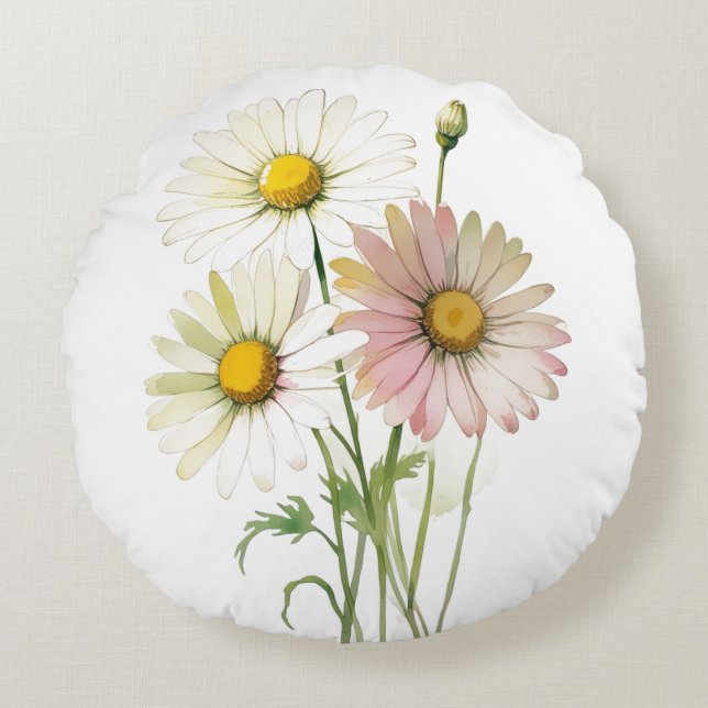 Daisy Watercolor Blume Moderne Beruflich Rundes Kissen (Vorderseite)