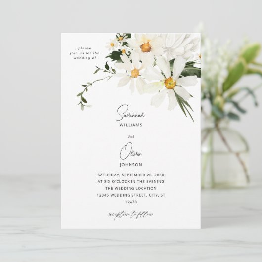 Daisy White Floral Wedding Invitation v2 Einladung (Stehend Vorderseite)