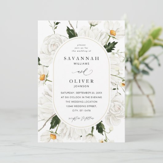 Daisy White Floral Wedding V3 Einladung (Stehend Vorderseite)