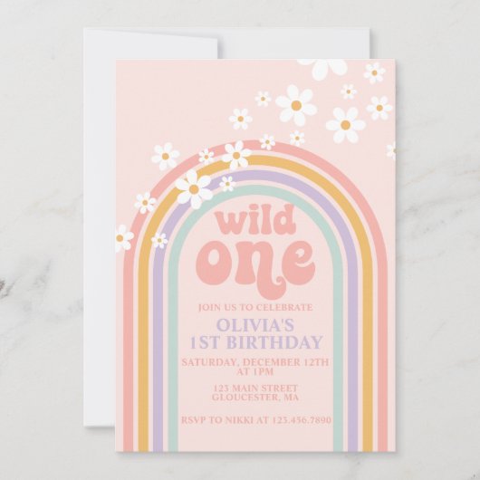 Daisy Wild One boho floraler Regenbogen zum ersten Einladung (Vorderseite)